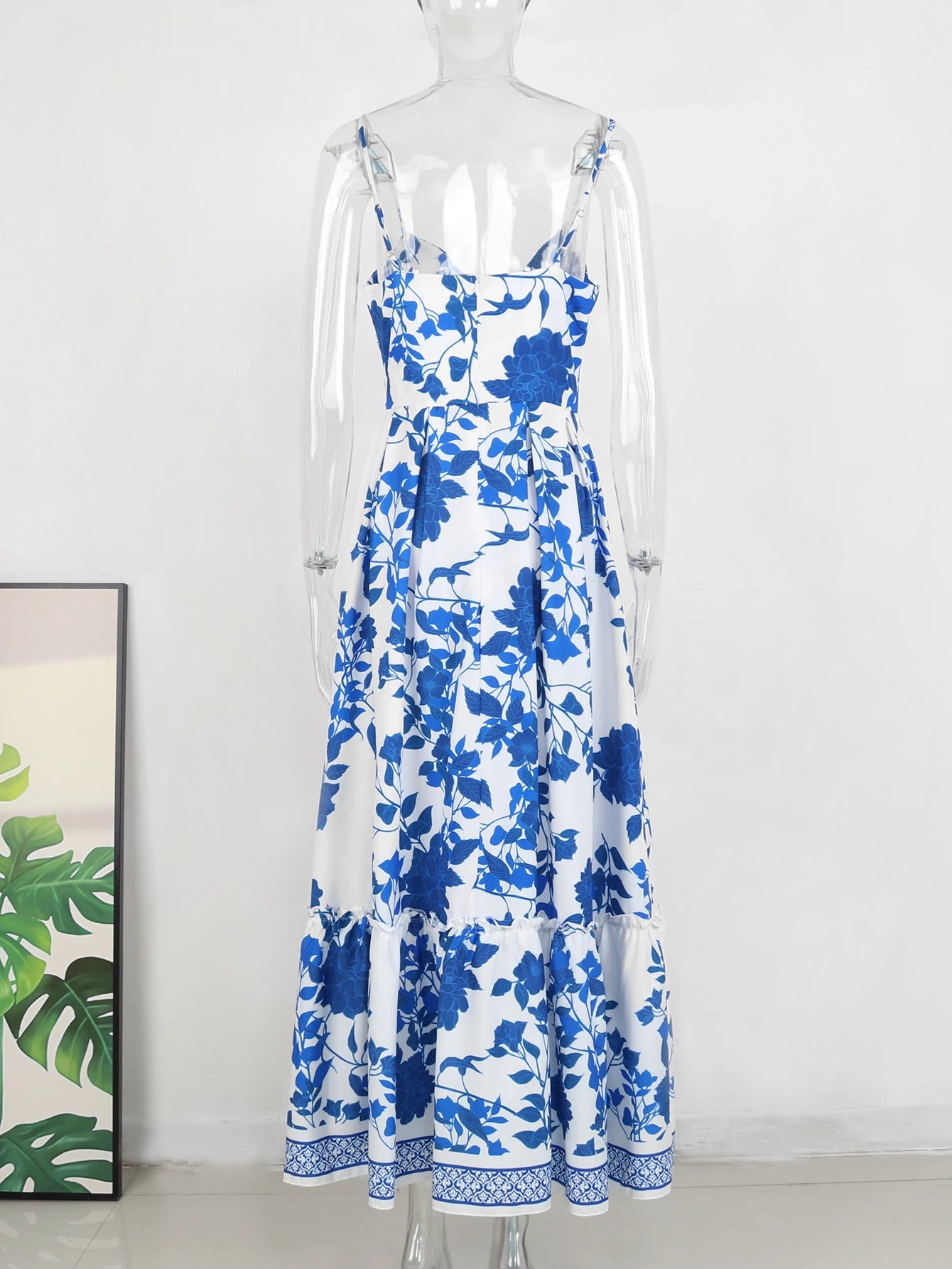 2024 Summer Print Long Dress Women Clothing Lace Up Sling Party Dresses Pattern Strappy Ladies Hollow Out V-Neck Beach Vestidos