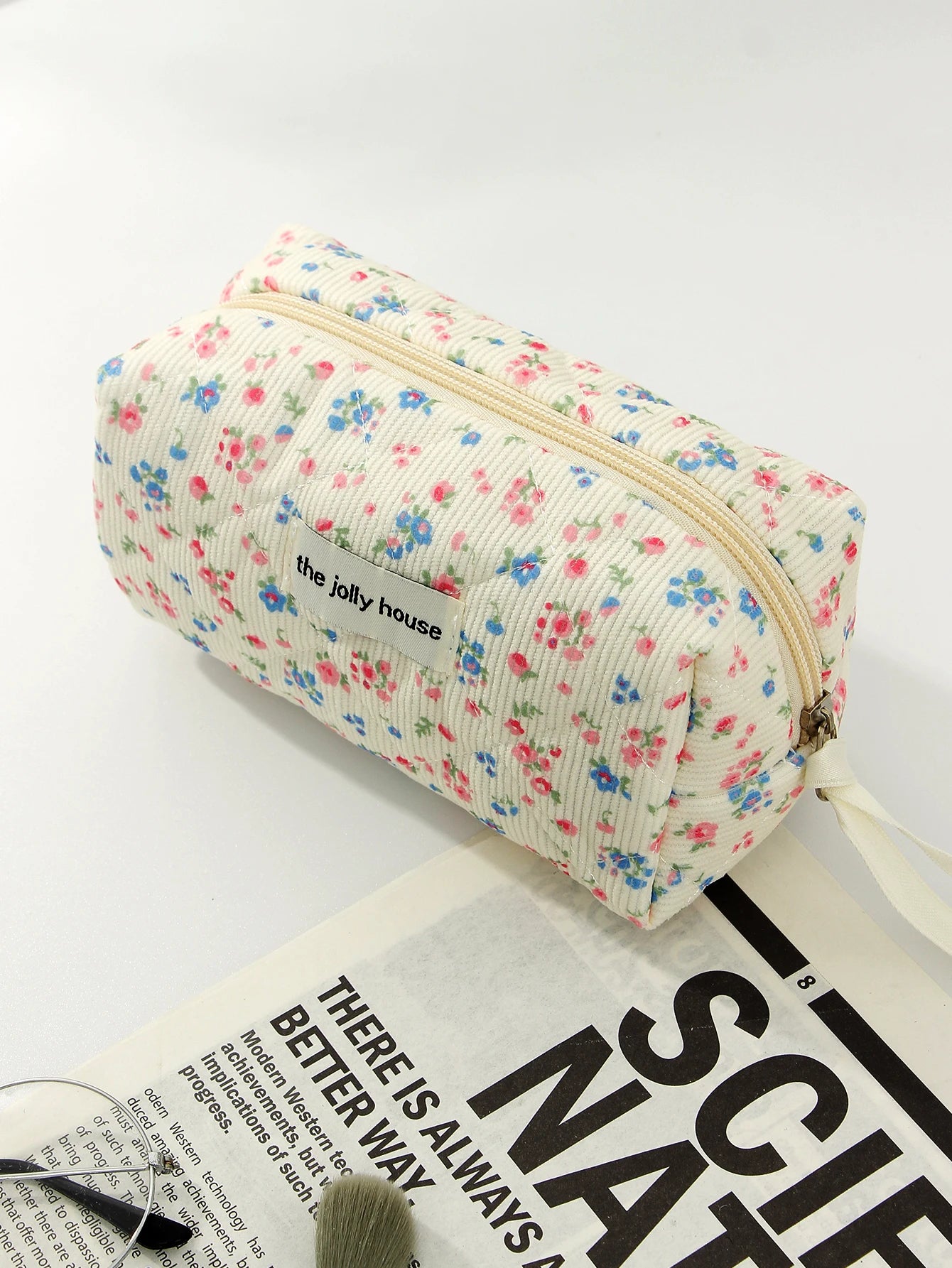 1pc/set Corduroy Quilted Makeup Bag, Floral Makeup Bag, Makeup Toiletries Storage Bag, Fashion Portable Makeup Bag