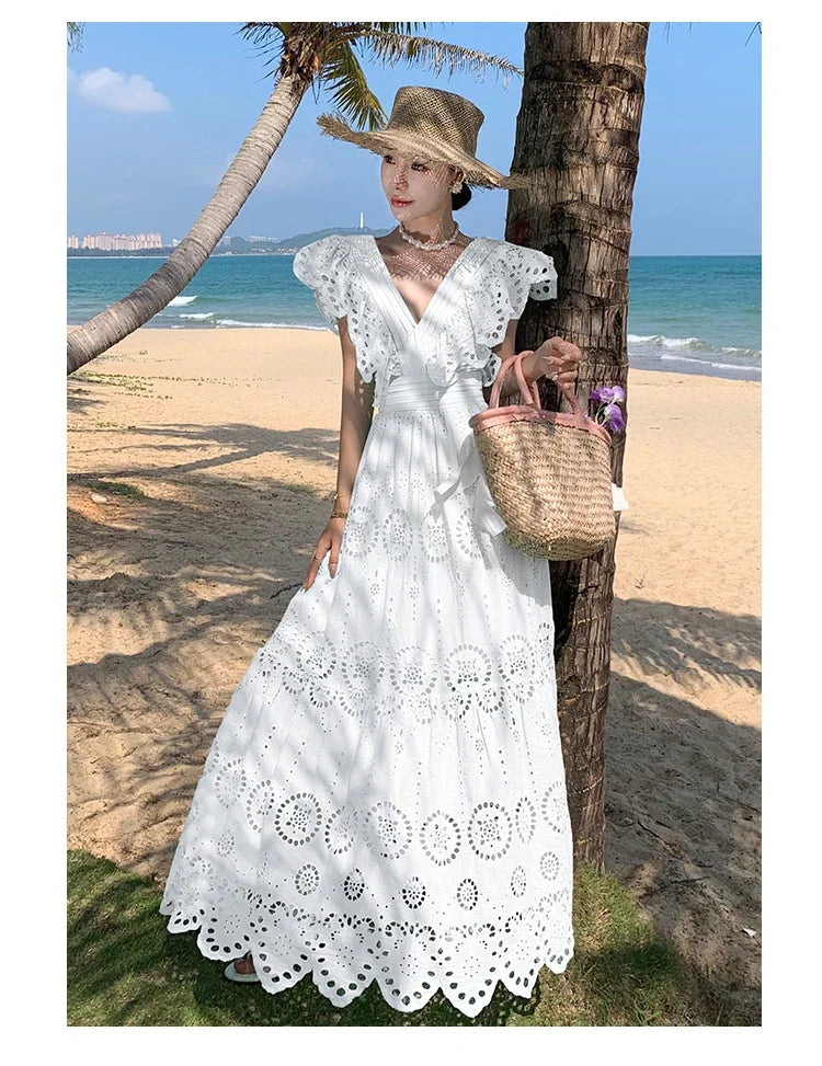 SMTHMA High Quality Hollow Out Embroidery Long Dress Women Sexy Deep V-Neck Ruffle Elegant Summer Dresses Female Clothing