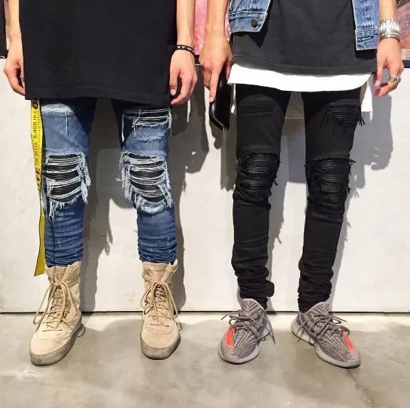 Jeans pour hommes High Street avec trous et pointes noires, jeans slim fit et pantalons pour hommes