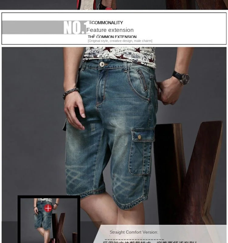 Summer Fashion Denim Jeans for Men Designer Knee Length Shorts Capri Loose Straight Leg Slim Casual Punk Workwear Cargo Shorts