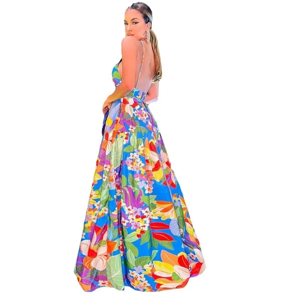 2024 New Summer Women's Clothing European American Style Off-the-shoulder Printed Dresses Oversized Tank Long Skirts
