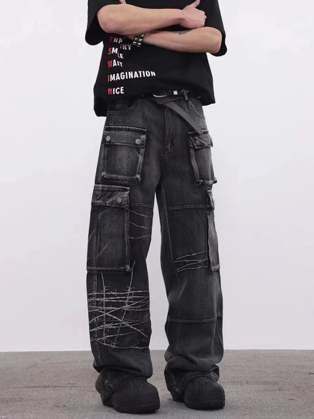 Trendy Brand American Retro Tooling Jeans Mens High Street Heavy Industry Embroidery Loose Wide-leg Trousers