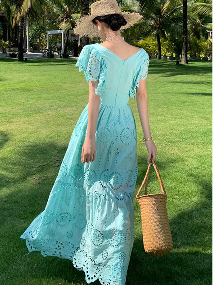 SMTHMA High Quality Hollow Out Embroidery Long Dress Women Sexy Deep V-Neck Ruffle Elegant Summer Dresses Female Clothing