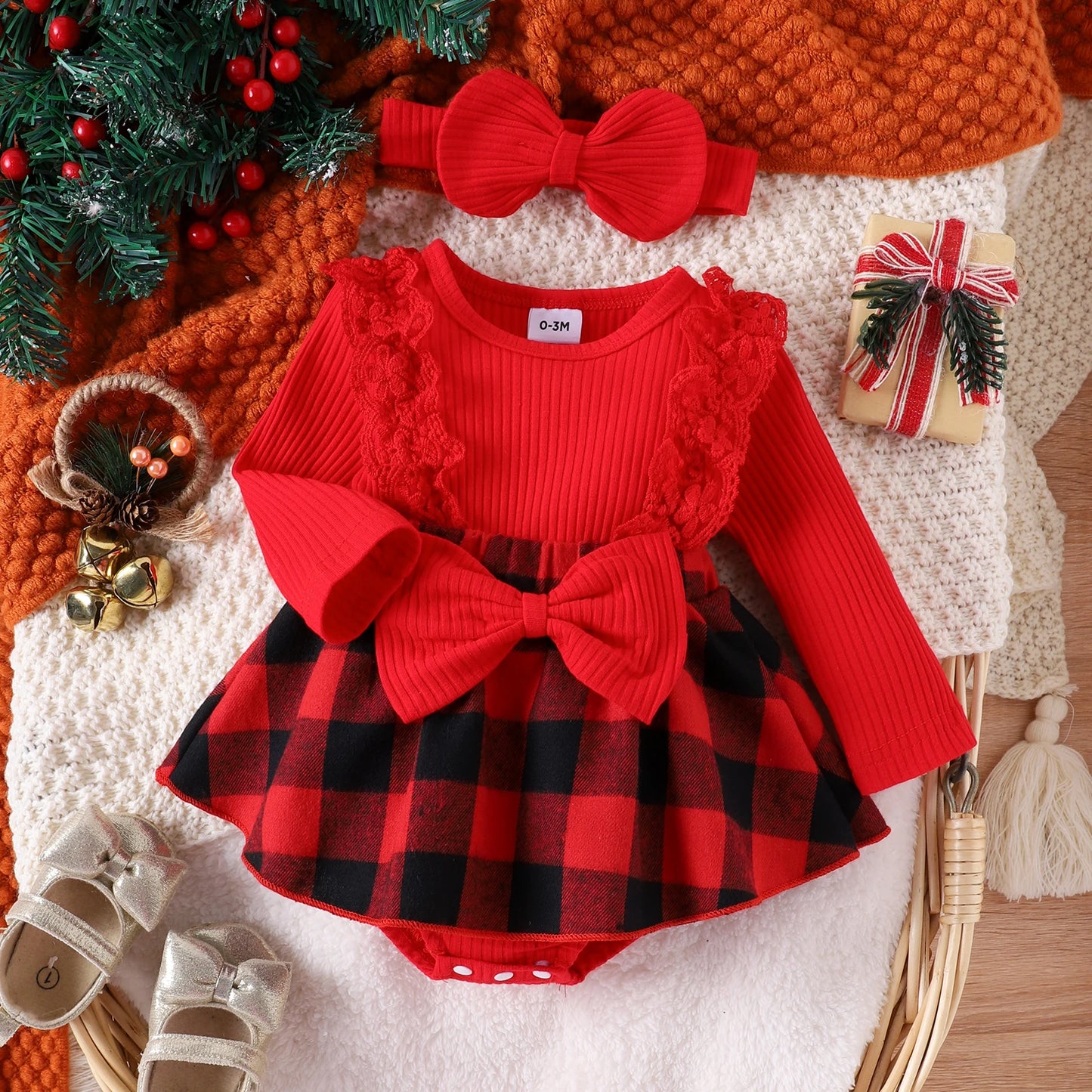 Newborn Baby Girl Christmas Romper Dress Ruffle Long Sleeve Plaid Jumpsuit Skirts Hem Bodysuit with Headband Outfit
