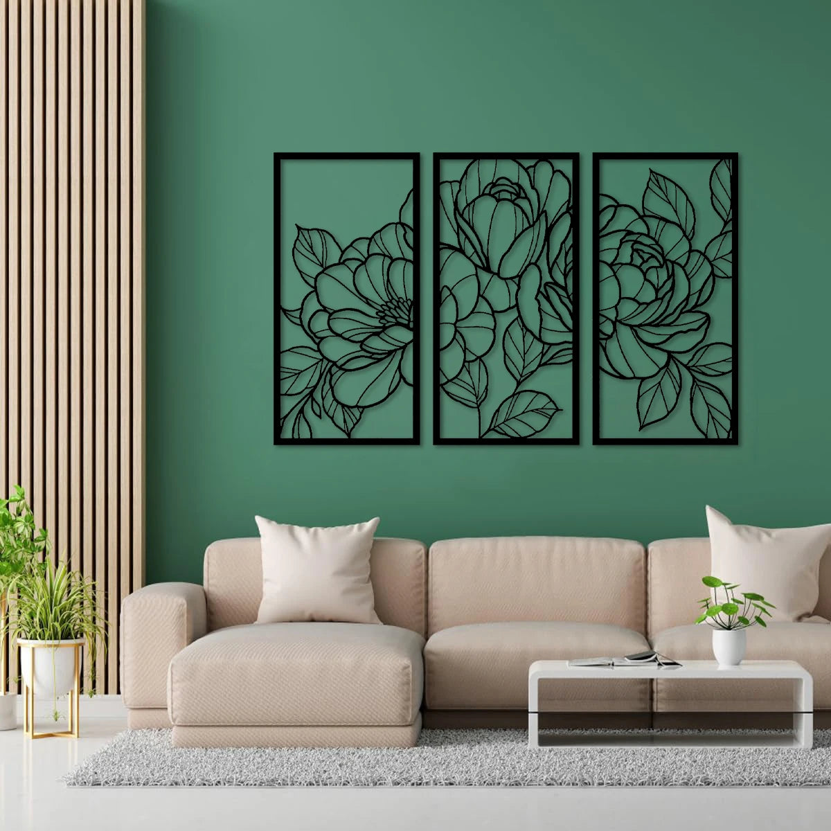 Décoration murale minimaliste en bois avec fleurs dorées et motif floral, art mural moderne abstrait, dessin au trait, 3 pièces à suspendre