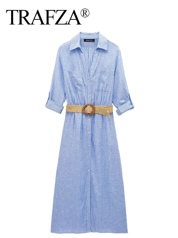TRAFZA 2024 Striped Shirt Dress Women Belt Pleated Midi Dresses for Women Turn Up Sleeve Beach Women Summer Long Dress Vestidos