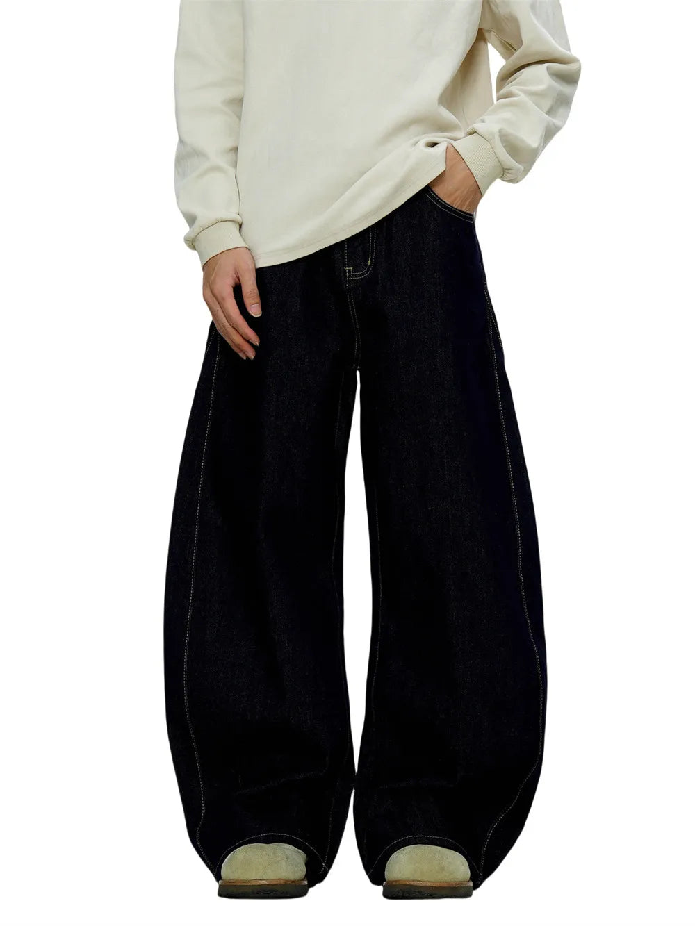 Washed Dark Jeans Men Top Stitch Retro High Street Loose Wide leg Scimitar Denim Pants Men Trousers