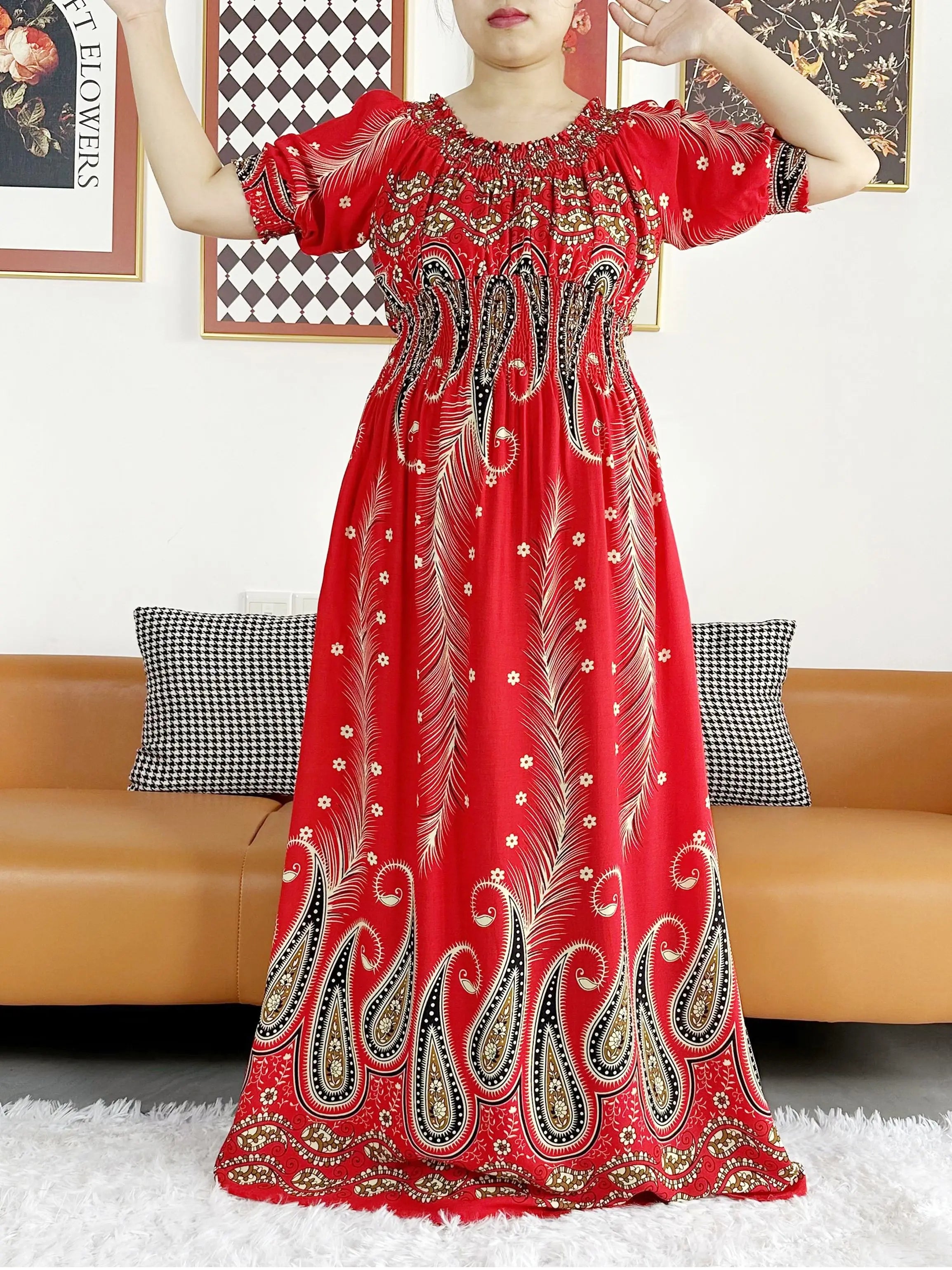 Women Party Dress Muslim Summer Short Sleeve Long Dress Collect Waist Floral Boubou Maxi Islam Women Dress African Abaya Clothes