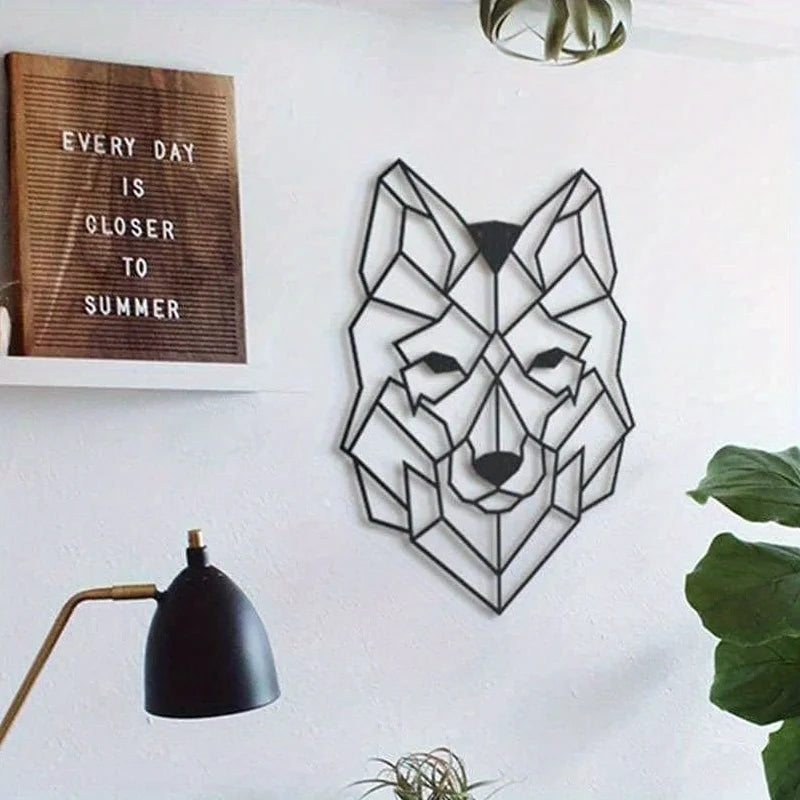 Décoration murale en forme de tête de loup, ornementale, en métal, pour salon, bureau, géométrique, en fer, cadeau artisanal, silhouette en fer noir, décoration murale suspendue