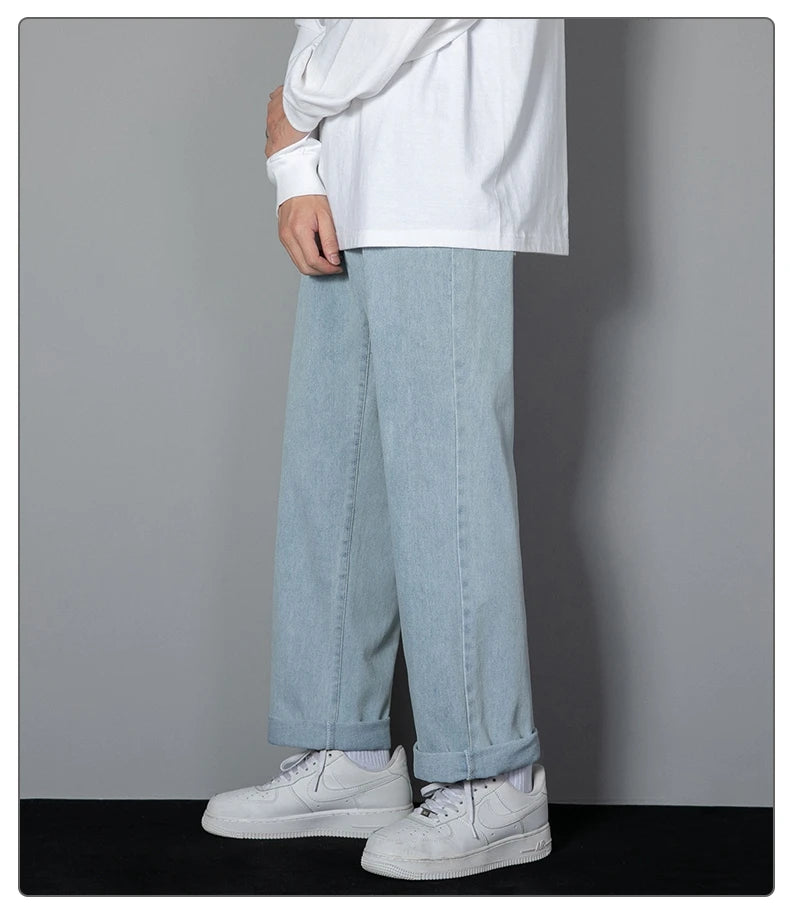 Jean long décontracté pour homme, style coréen, classique, droit, jambes larges, couleur unie, bleu clair, gris, noir, 2025
