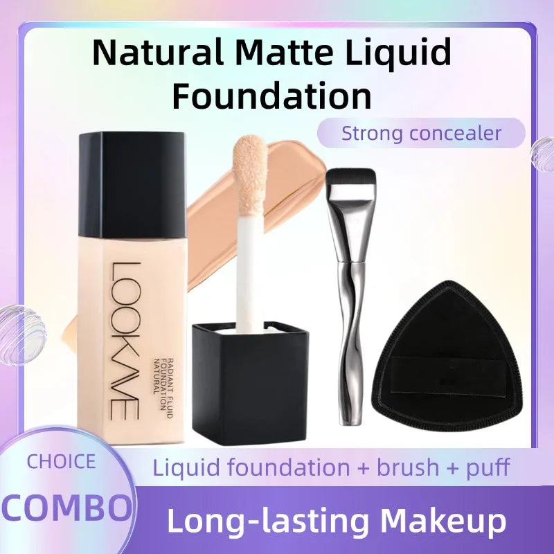 Professional Makeup Kit Natural Matte Long-Lasting Liquid Foundation+Flat Top Brush &Sponge Full Coverage 24H Lightweight Makeup