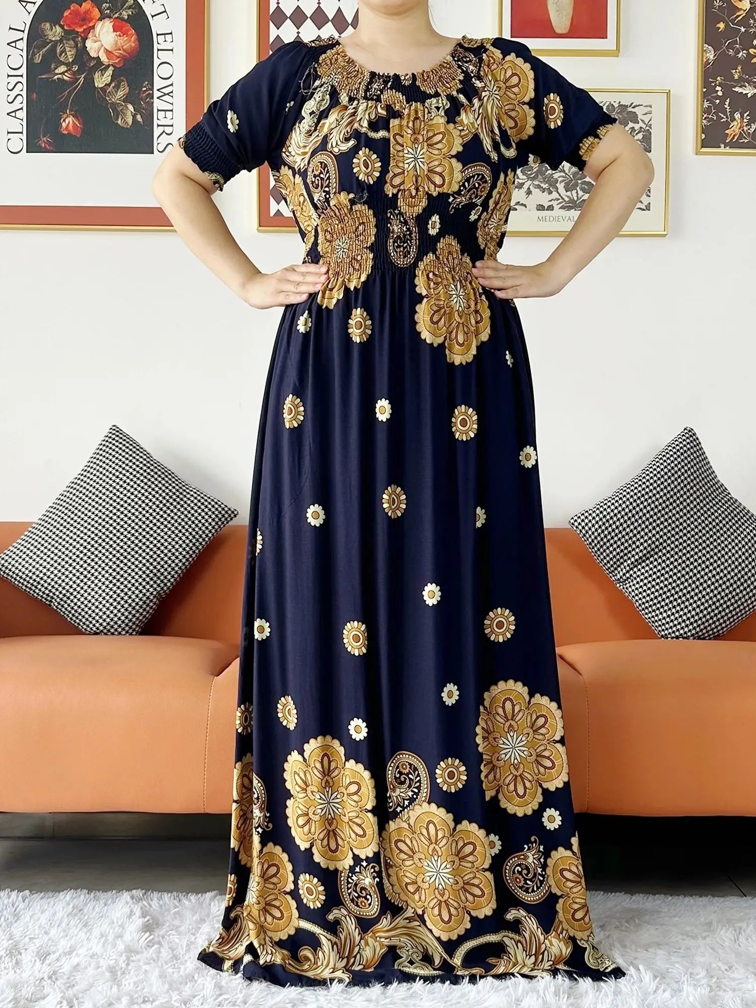 Women Party Dress Muslim Summer Short Sleeve Long Dress Collect Waist Floral Boubou Maxi Islam Women Dress African Abaya Clothes