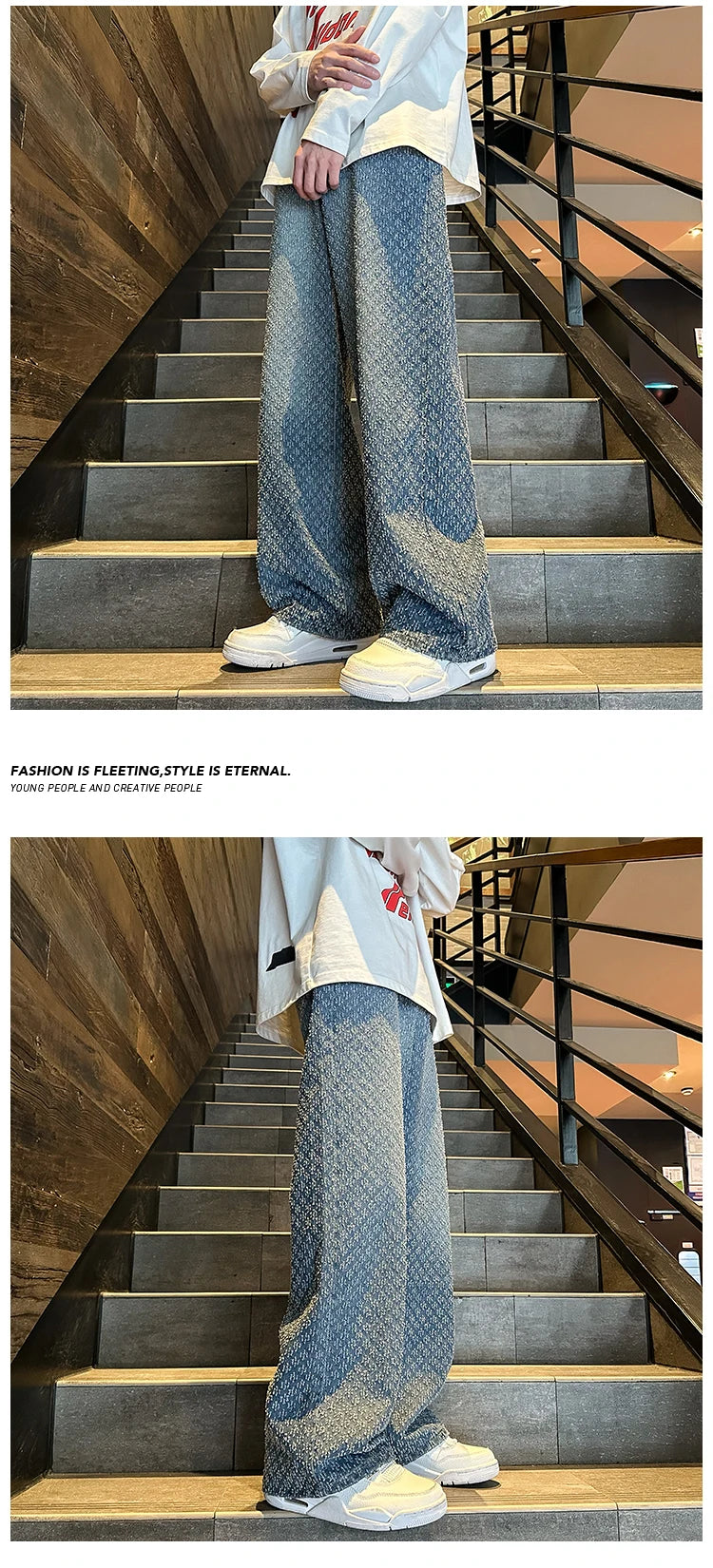 2024 Jeans men Fashion hombre Jacquard Pattern Denim Pants Male Straight Fitting Baggy Bottoms Distressed Wide Jeans For Men