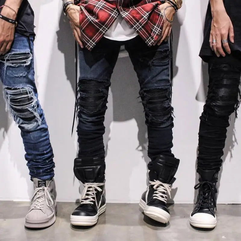 Jeans pour hommes High Street avec trous et pointes noires, jeans slim fit et pantalons pour hommes