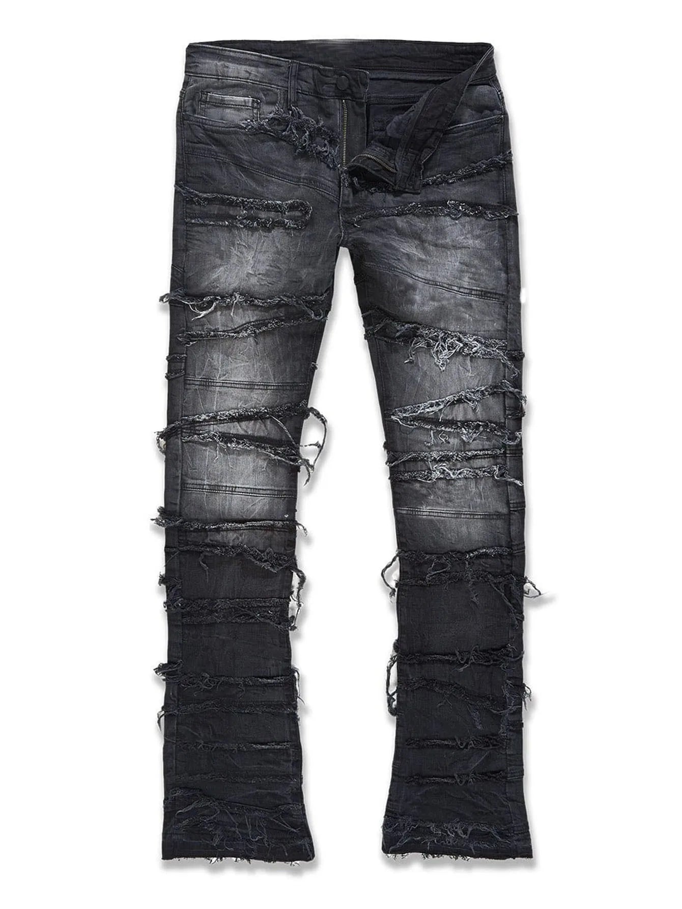 New Men's Patchwork Denim Pants Stacked Jeans Ripped Washed Frayed Pants Vintage Street Style Slim Fit Straight Trousers for Men