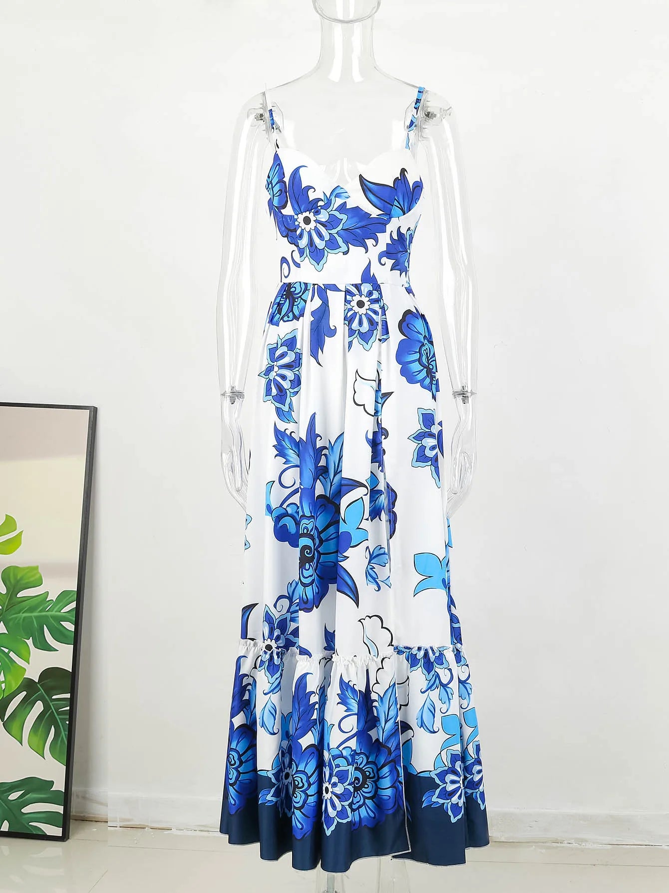 2024 Summer Print Long Dress Women Clothing Lace Up Sling Party Dresses Pattern Strappy Ladies Hollow Out V-Neck Beach Vestidos