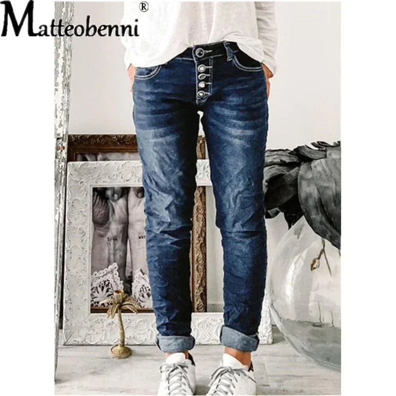 Women's Breasted Jeans For Women 2024 Mom Jeans High Waist Blue Loose Washed Fashion Straight Denim Pants Vintage Streetwear