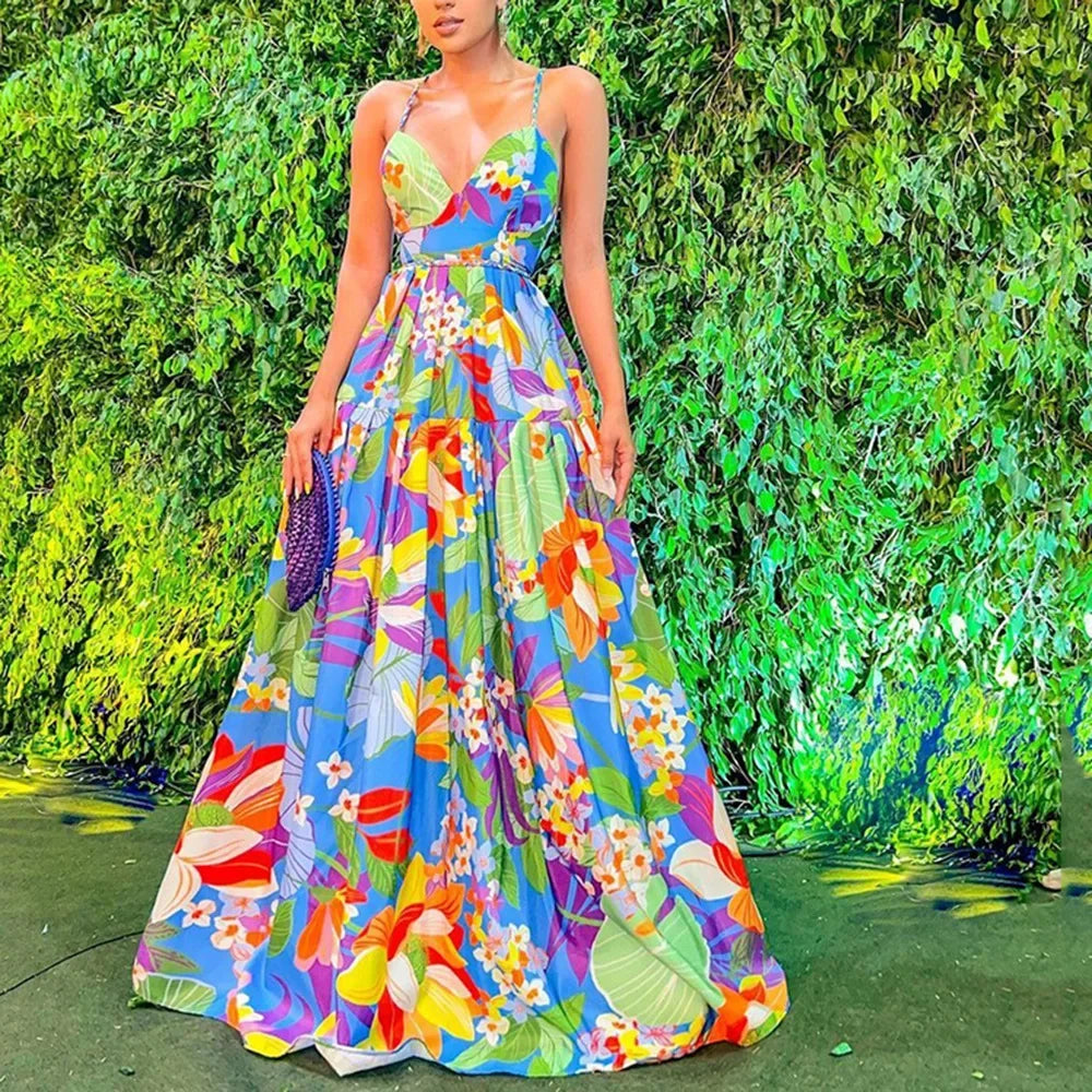 2024 New Summer Women's Clothing European American Style Off-the-shoulder Printed Dresses Oversized Tank Long Skirts