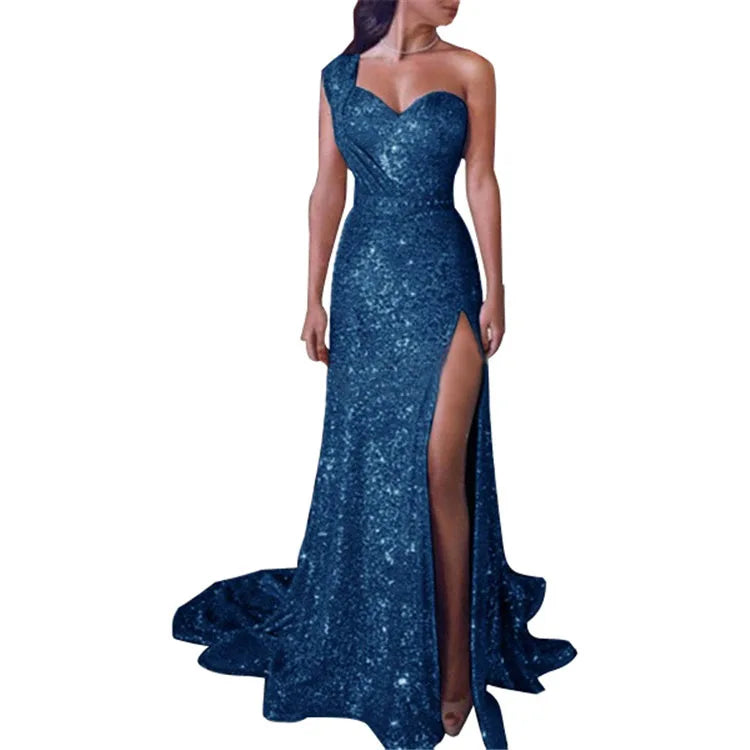 Explosive European and American women's sexy one-shoulder sleeveless gold hot dress slit long dress