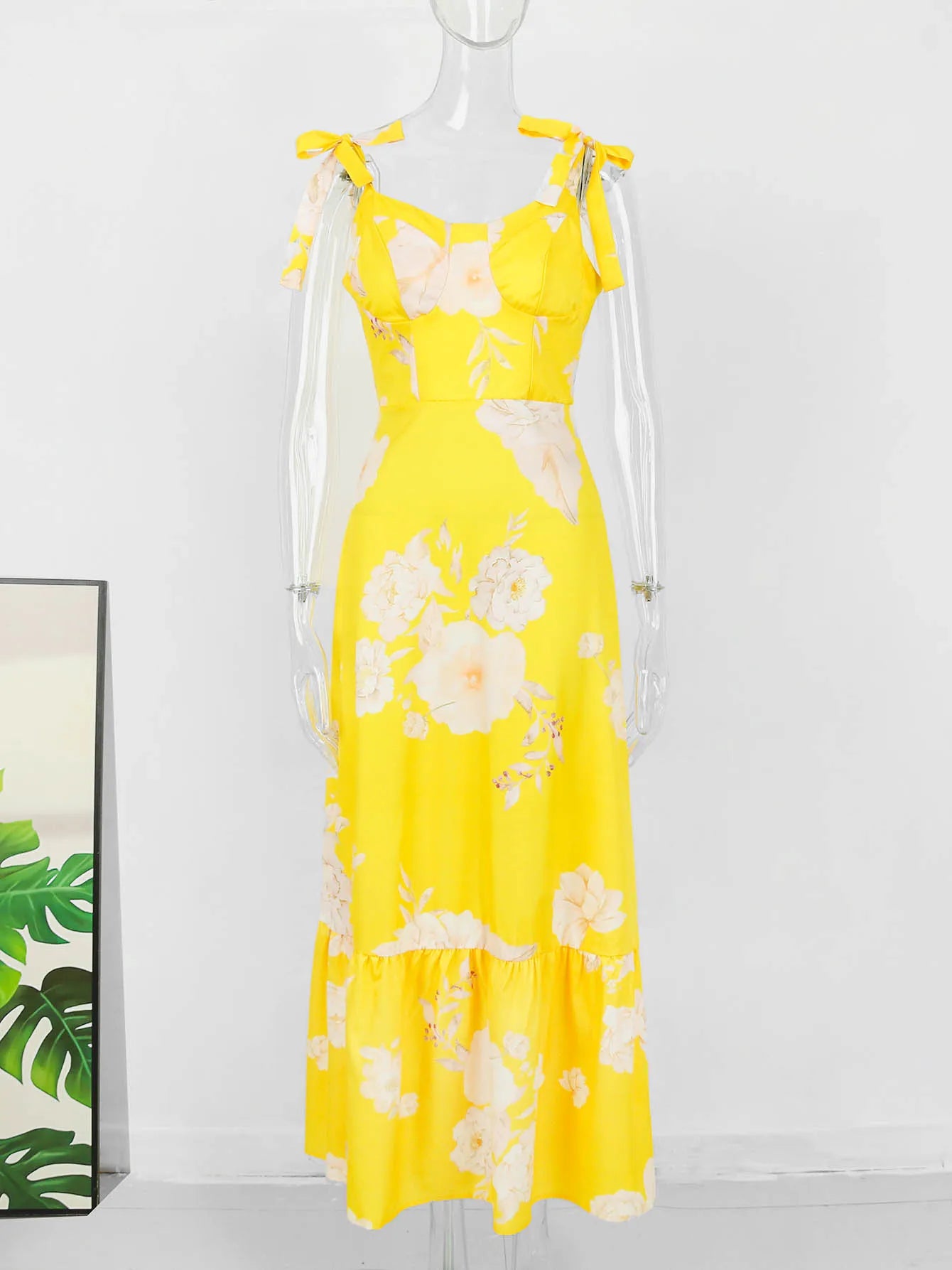 2024 Summer Print Long Dress Women Clothing Lace Up Sling Party Dresses Pattern Strappy Ladies Hollow Out V-Neck Beach Vestidos