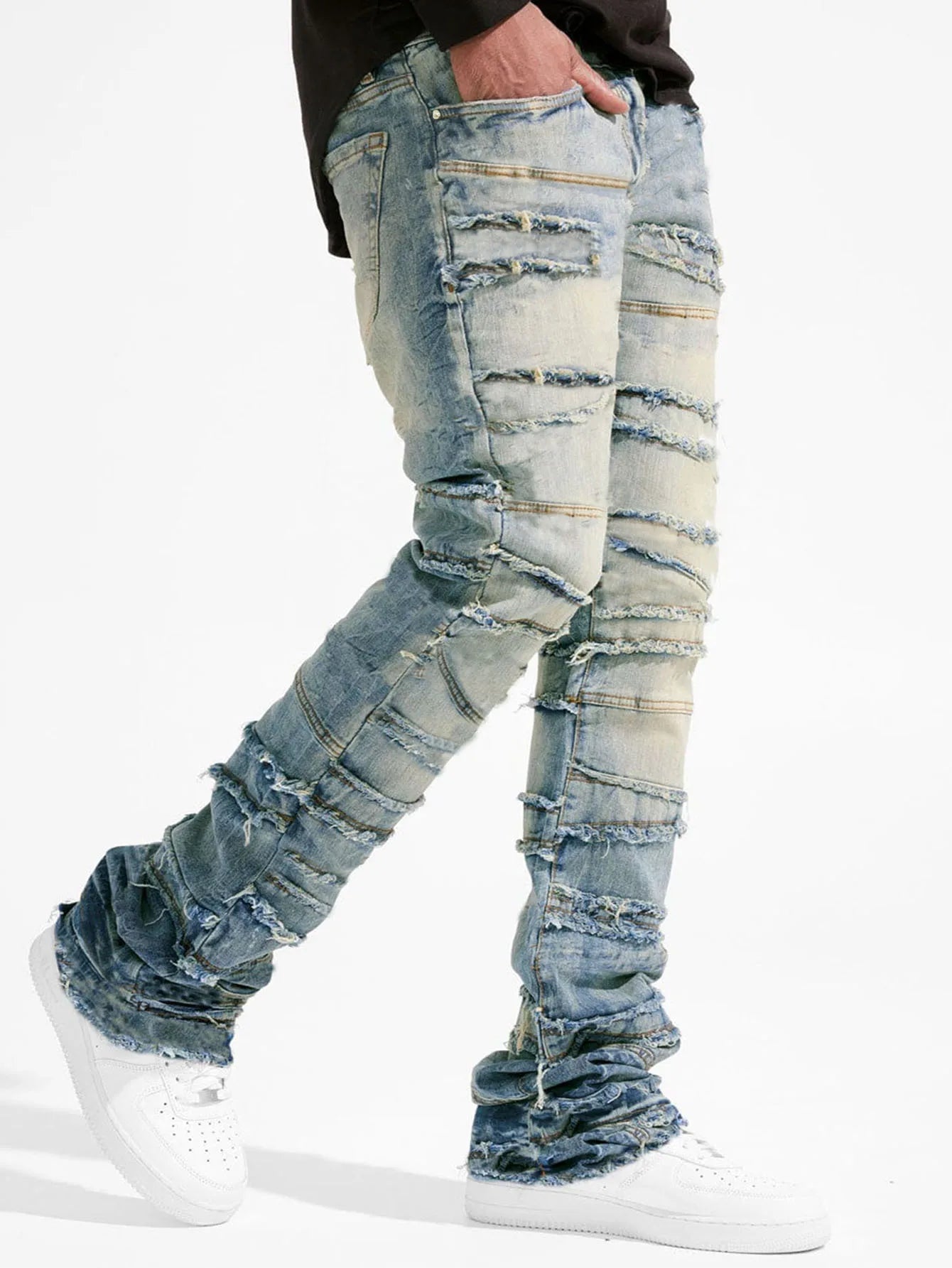 New Men's Patchwork Denim Pants Stacked Jeans Ripped Washed Frayed Pants Vintage Street Style Slim Fit Straight Trousers for Men