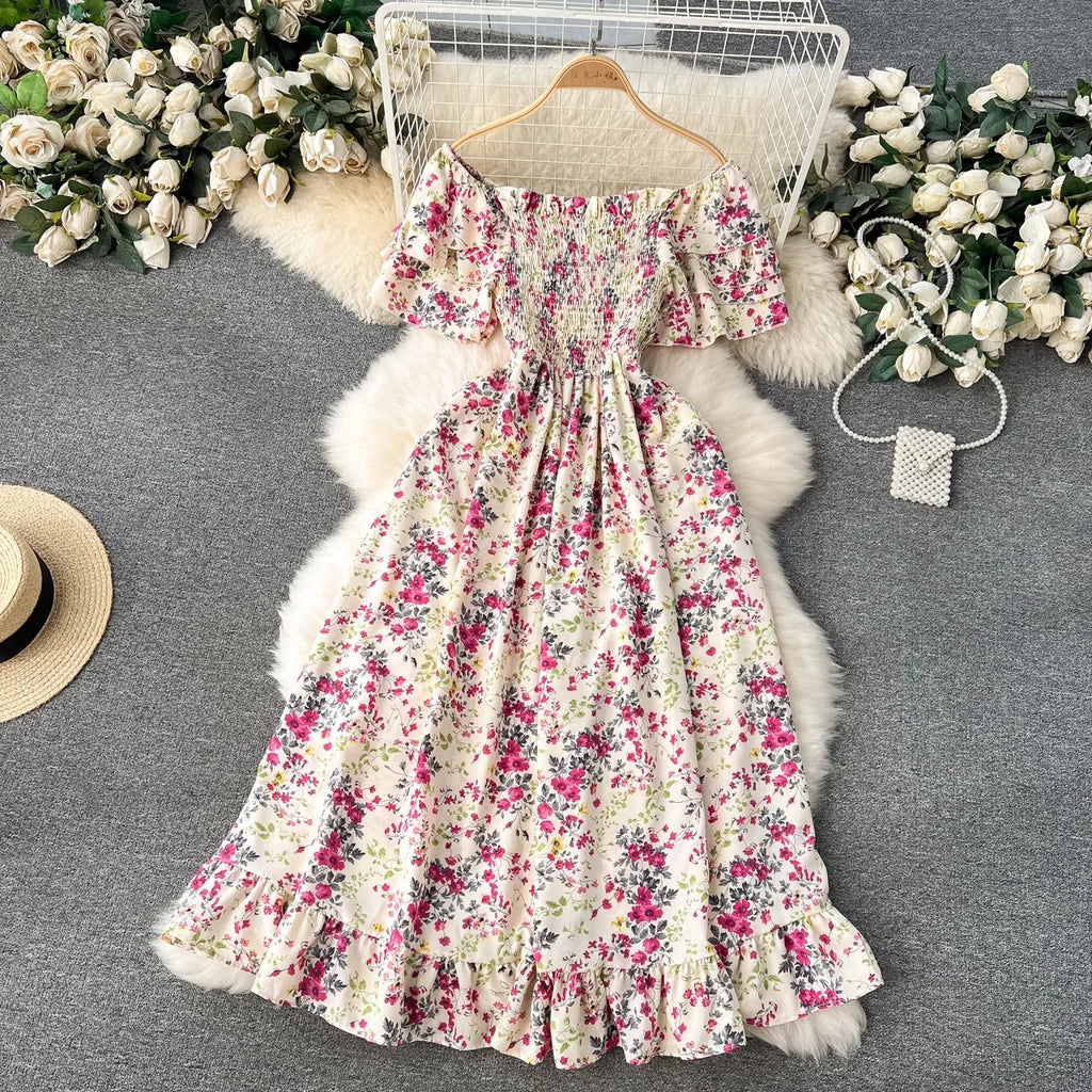 YuooMuoo Vacation Fashion Flower Print Chiffon Summer Dress Sexy Off Shoulders Elastic Waist Big Swing Long Dress Beach Vestidos