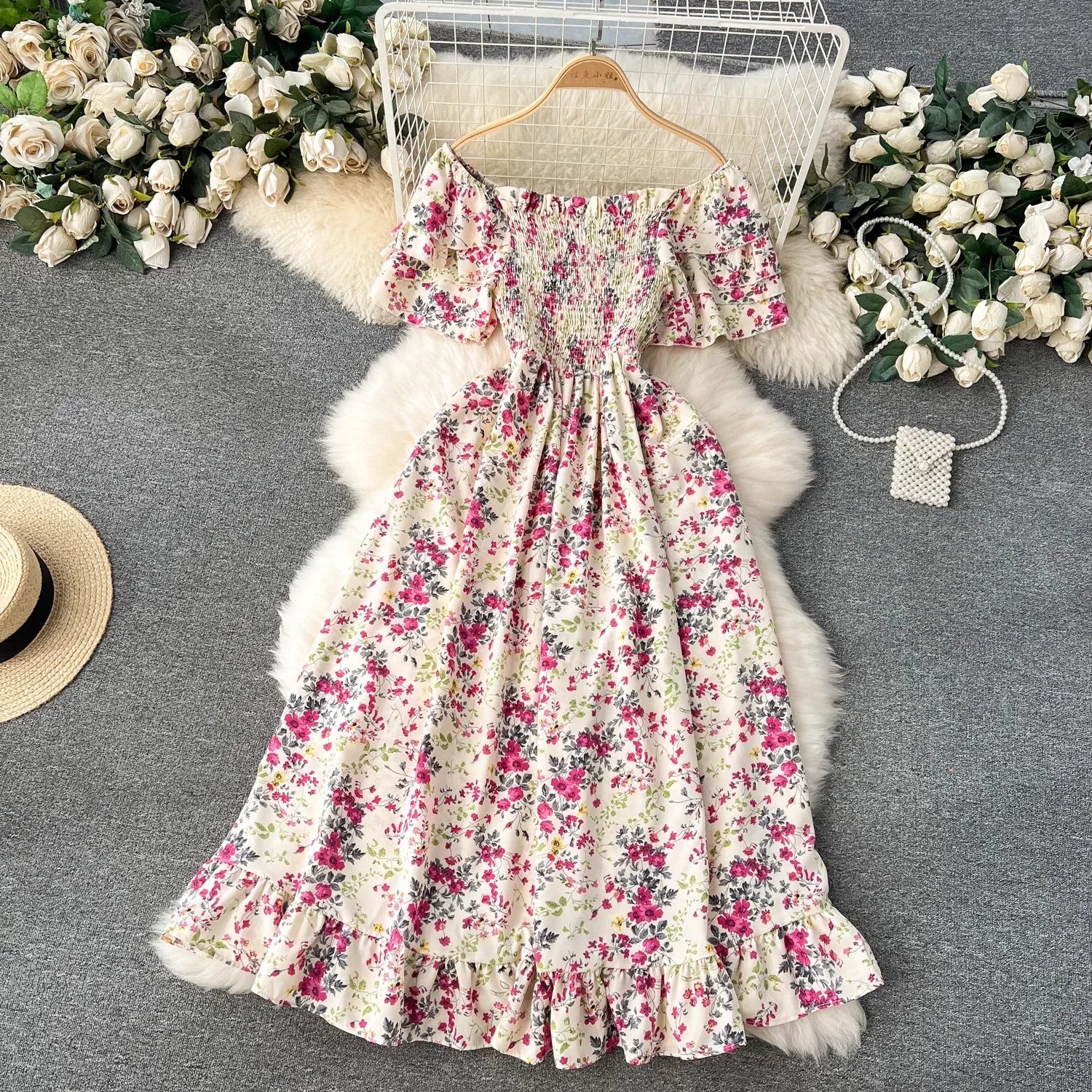 YuooMuoo Vacation Fashion Flower Print Chiffon Summer Dress Sexy Off Shoulders Elastic Waist Big Swing Long Dress Beach Vestidos