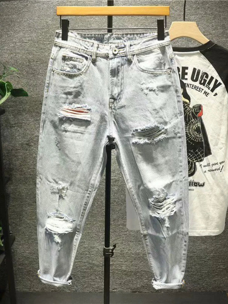 Ripped Jeans for Men 2022 Vintage Clothes Patch Hole Beggar Pants Jean Baggy Light Color 90s Streetwear Vintage Trousers