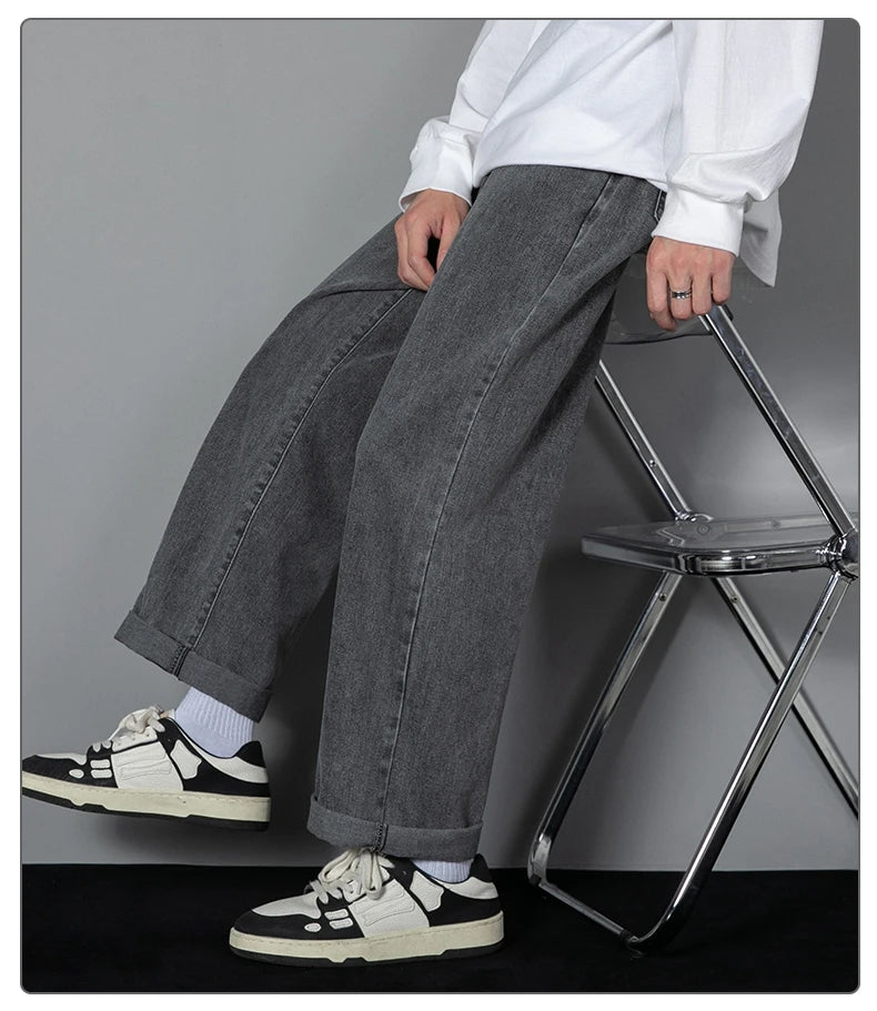 Jean long décontracté pour homme, style coréen, classique, droit, jambes larges, couleur unie, bleu clair, gris, noir, 2025