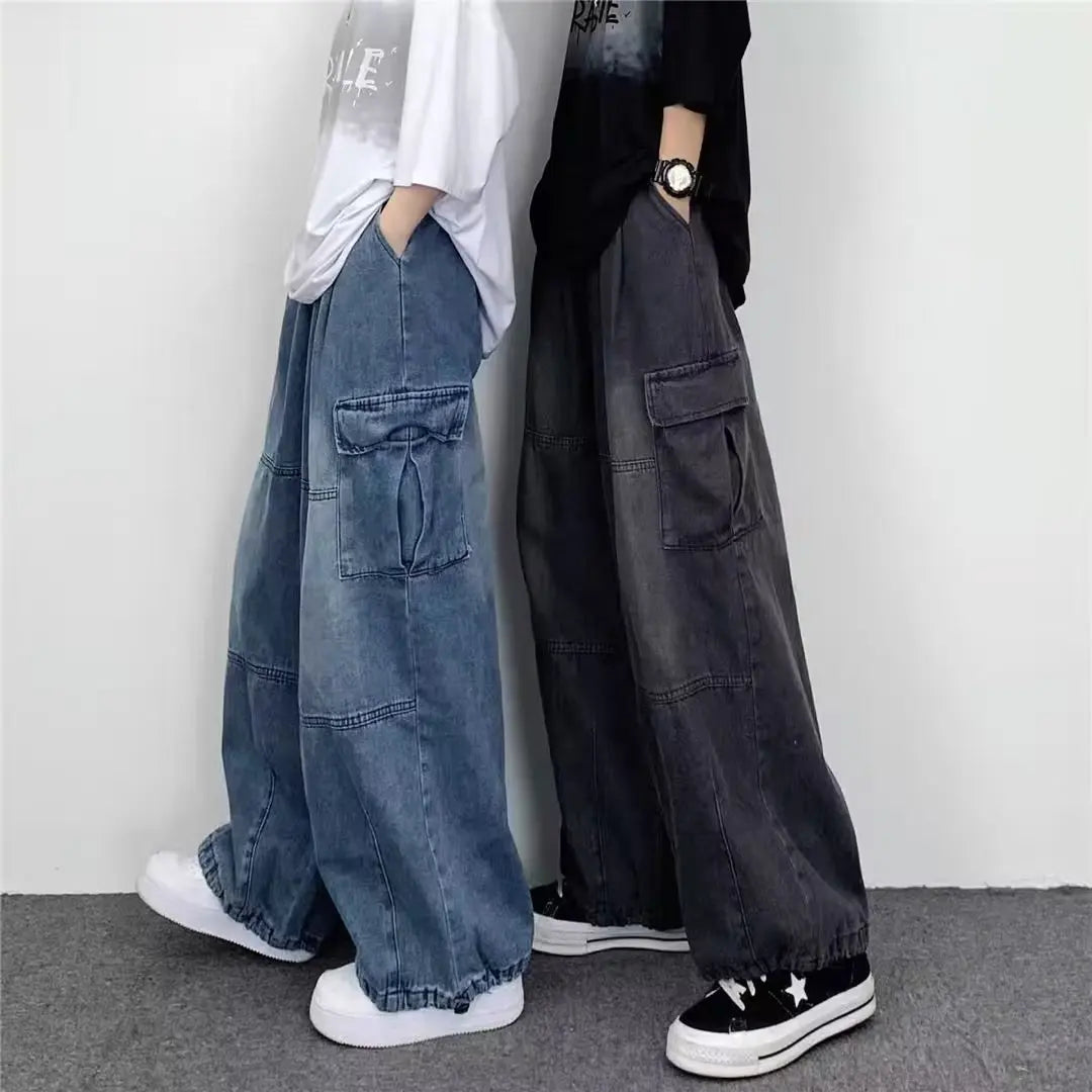 New Men's Wide-leg Jeans Casual Trendy Large Pocket Denim Pants Four Seasons Loose Straight Leg Casual Jeans Versatile Men Women