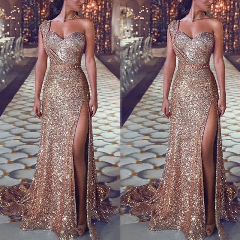 Explosive European and American women's sexy one-shoulder sleeveless gold hot dress slit long dress