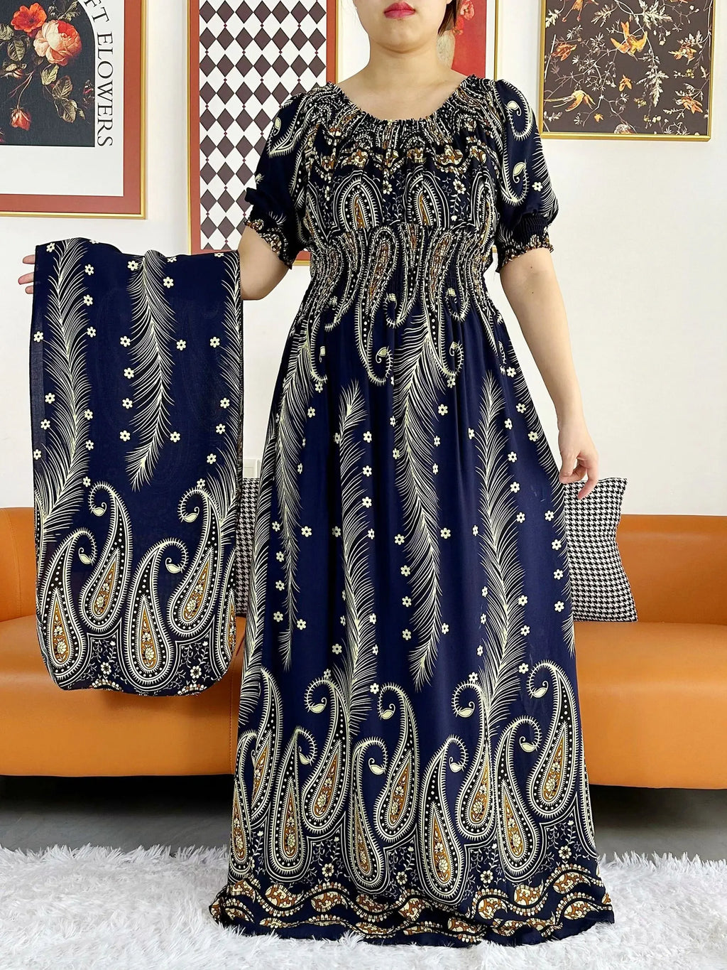 Women Party Dress Muslim Summer Short Sleeve Long Dress Collect Waist Floral Boubou Maxi Islam Women Dress African Abaya Clothes