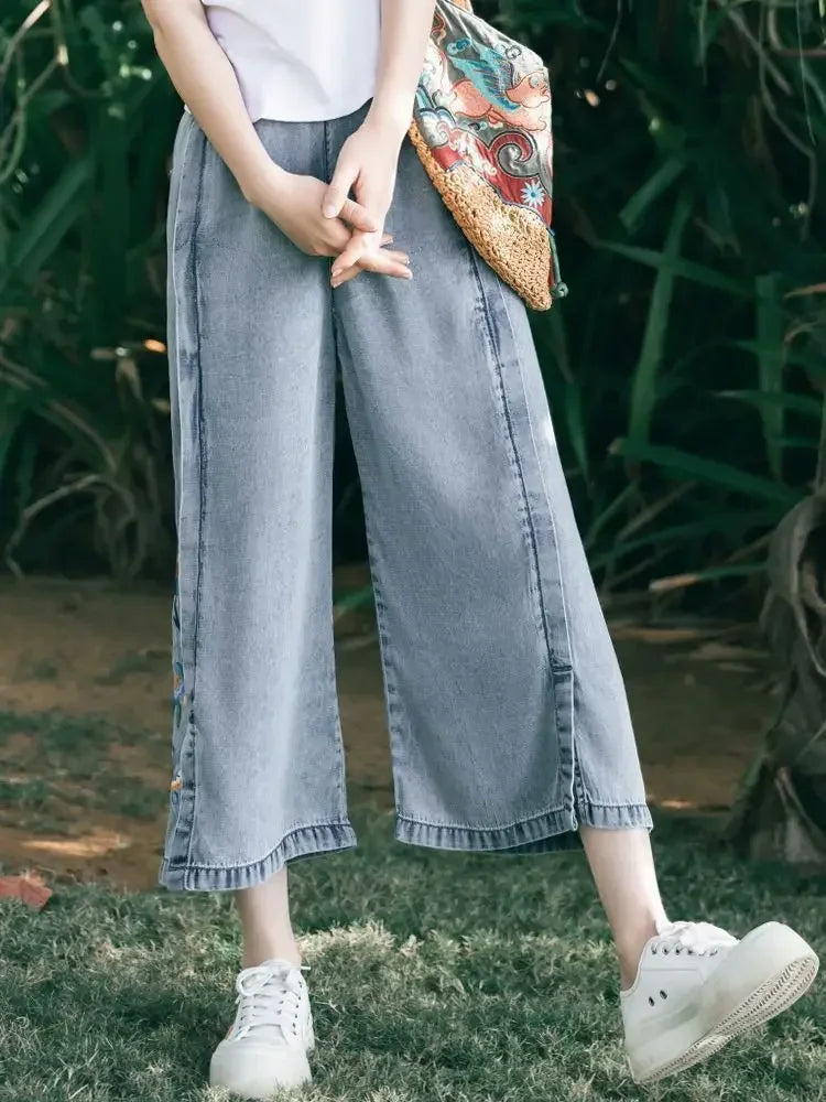 Jeans for Women Capris Embroidered Summer Elastic Waist Wide Leg Pants High Korean Women's Vintage Baggy Denim Popular Clothes