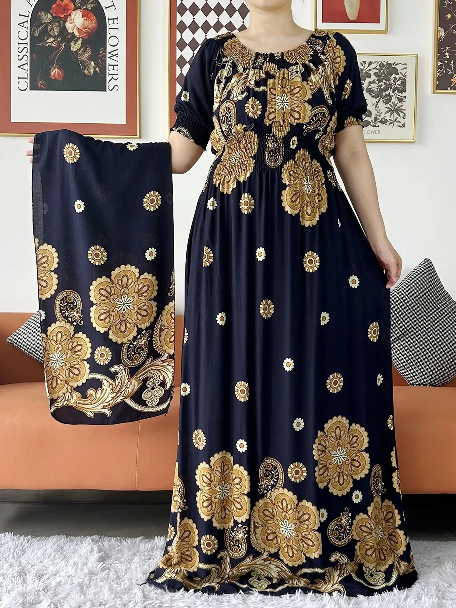 Women Party Dress Muslim Summer Short Sleeve Long Dress Collect Waist Floral Boubou Maxi Islam Women Dress African Abaya Clothes