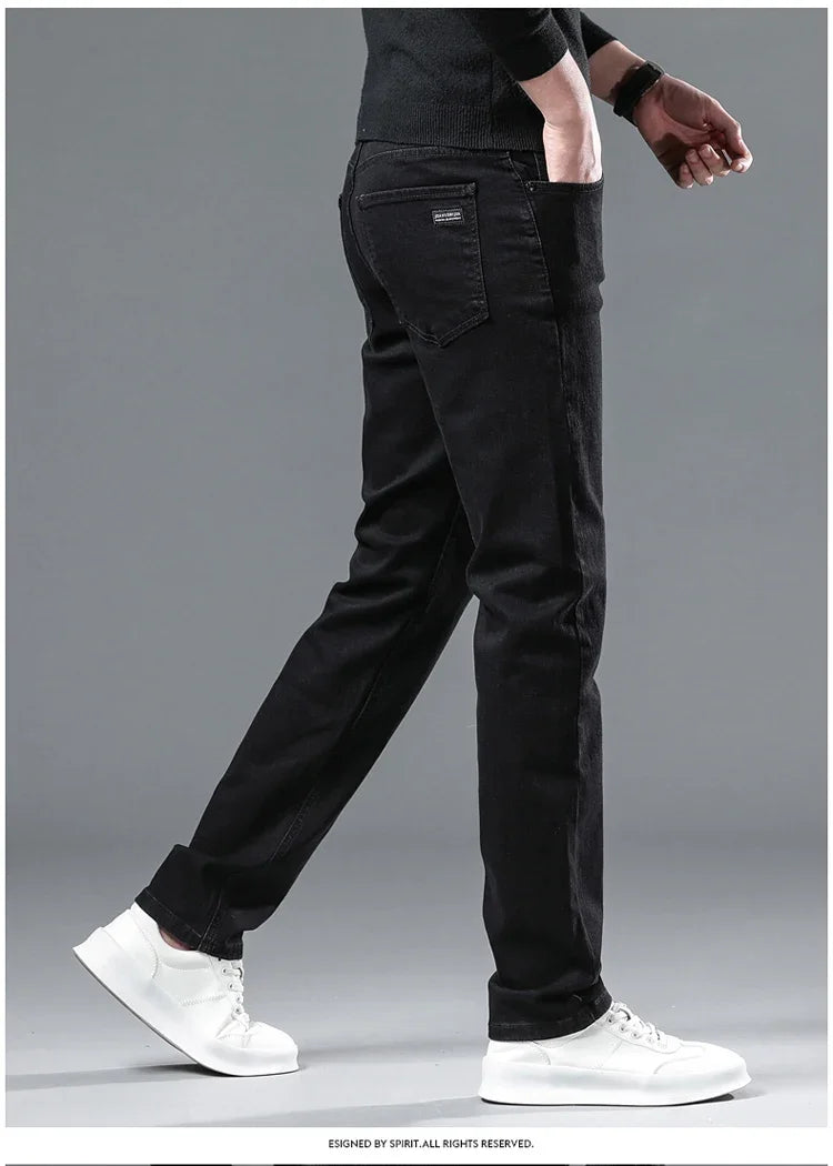2025 Spring New Men's Straight Jeans Elastic Pant Classic Smoke Gray Casual Wear Mid Waist Casual Trousers Black Male Brand