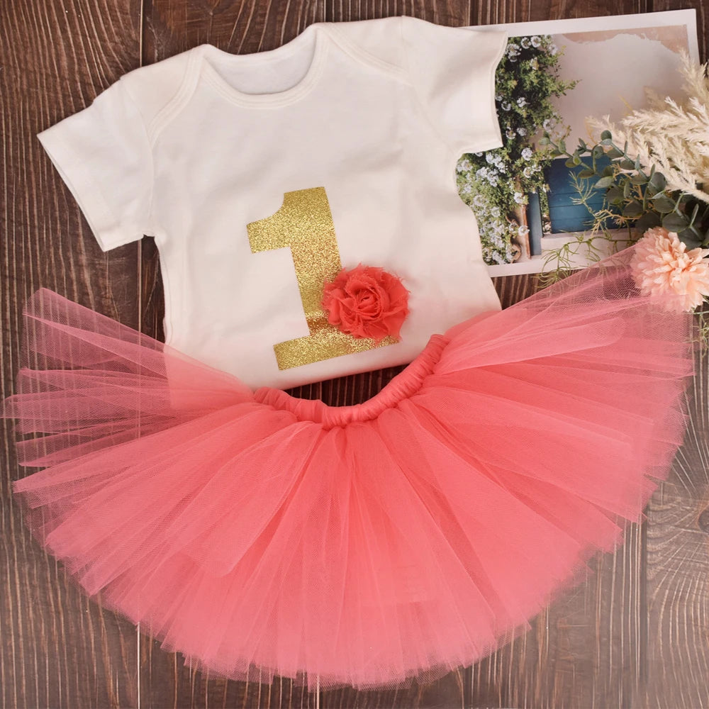 Baby Girl First 1st Birthday Party Dress Cute Christening Outfits One Year Baby Girl Bodysuit and Tutu Dress Newborn Set