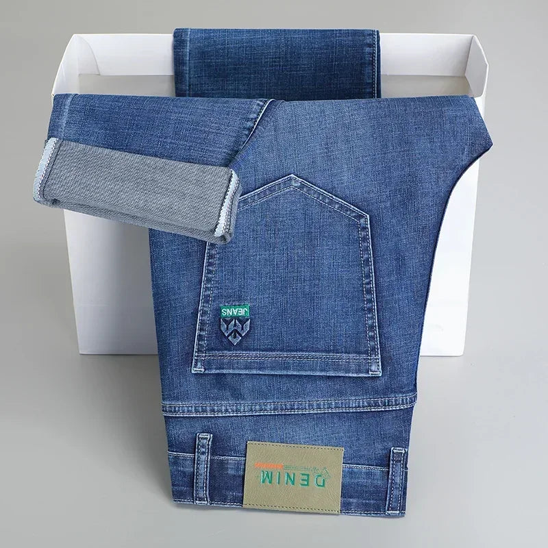 Men's Ultra-thin Stretch Casual Jeans New for Summer Business Fashion Straight Baggy Denim Trousers Blue Classic Style Male