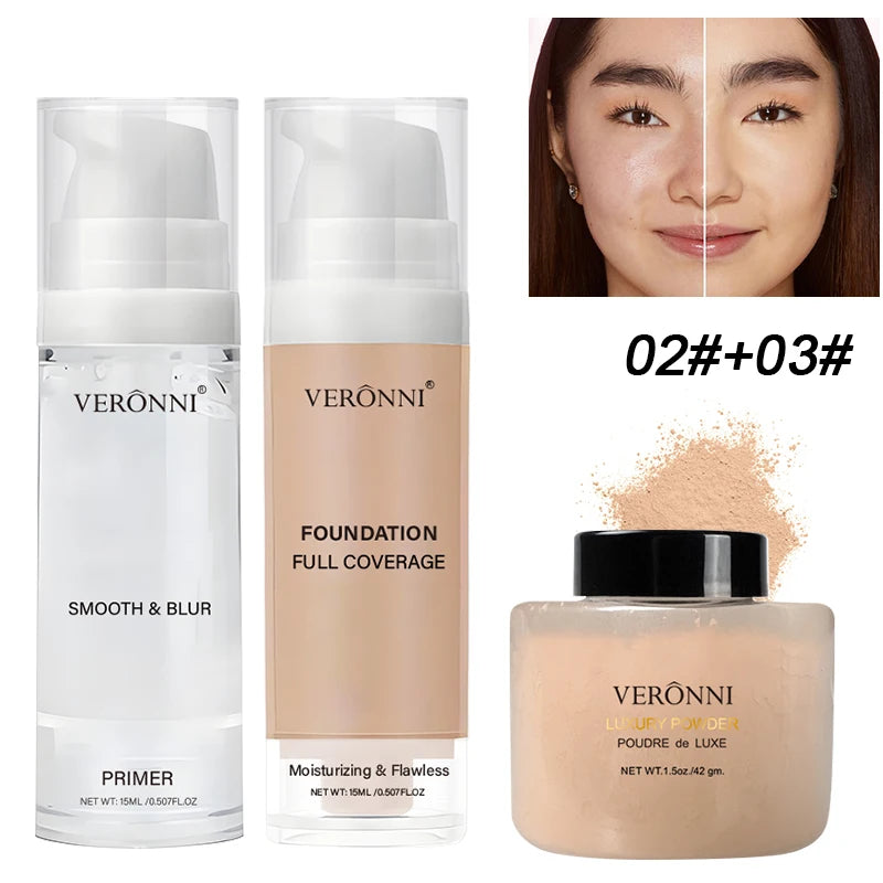 3pcs Face Makeup Kit Include 15ml Full Coverage Liquid Foundation Hydrating Makeup Primer and Loose Powder,Sweat-resistant
