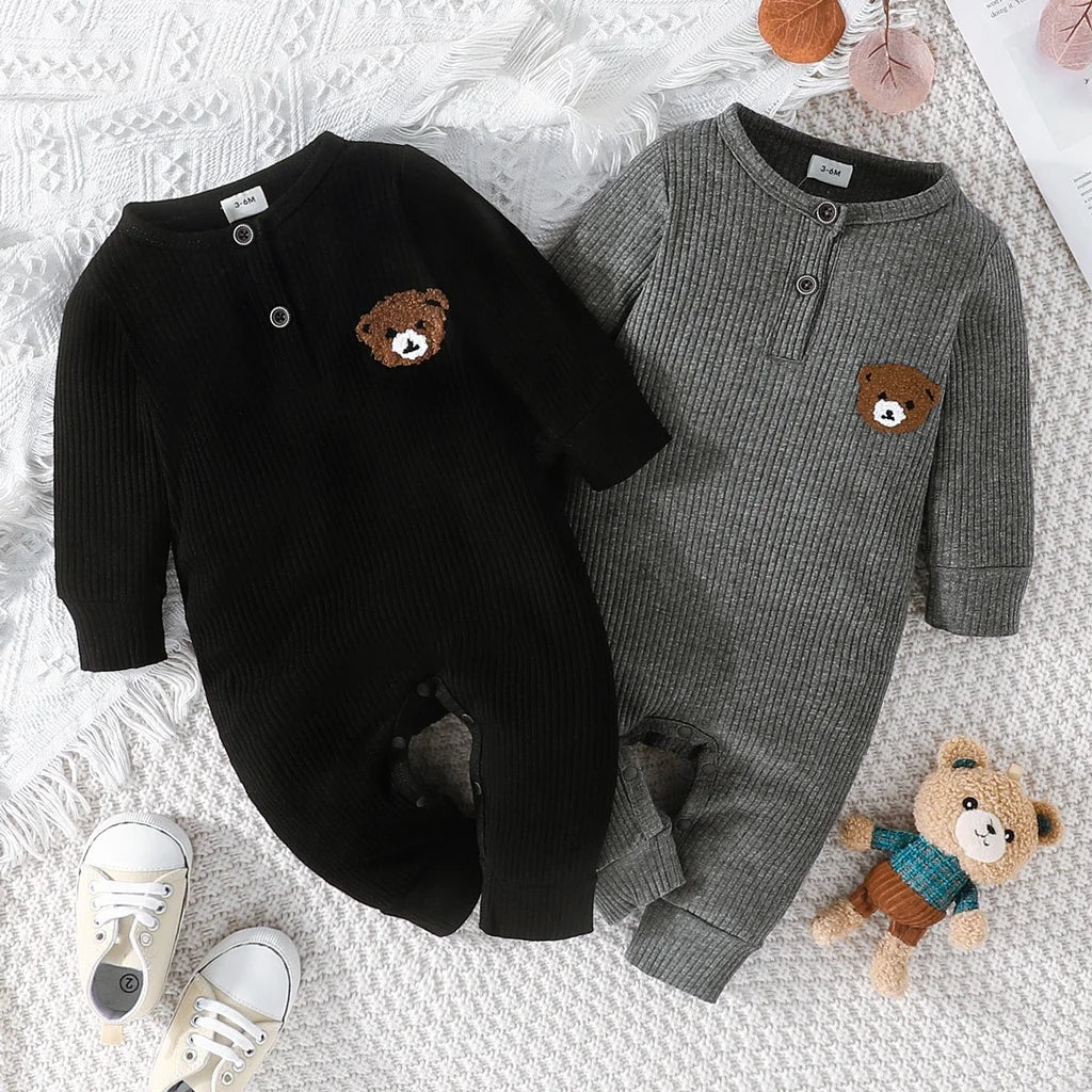 Vêtements pour nouveau-né de 0 à 18 mois, combinaison à petits boutons avec ours de dessin animé pour bébé garçon, barboteuse à manches longues pour tout-petit