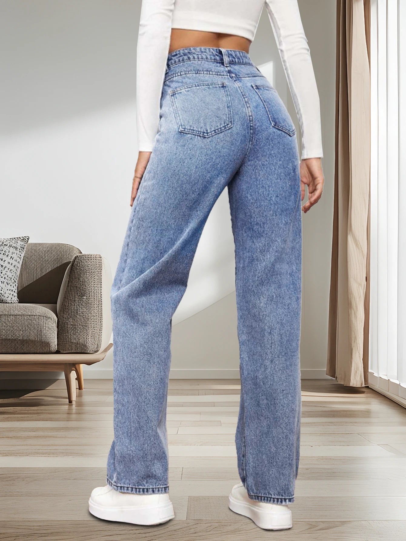 Women's classic washed jeans, slightly elastic, loose straight-leg wide-leg jeans, casual and versatile jeans for going out