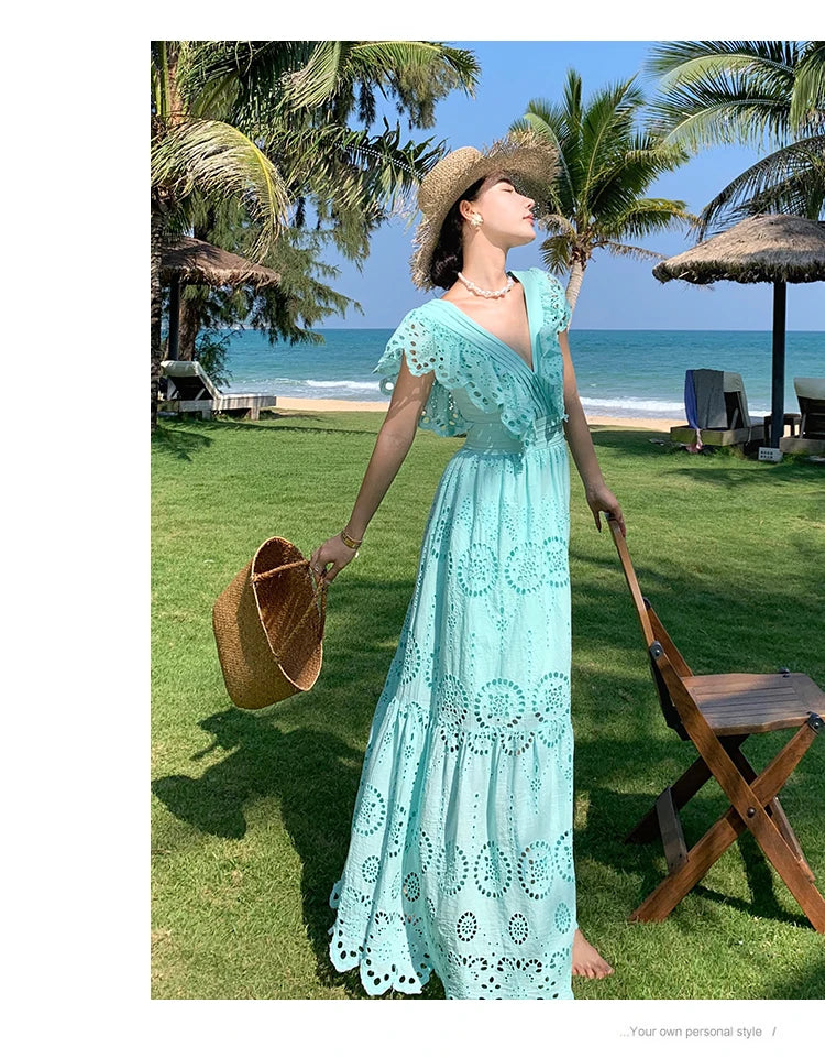 SMTHMA High Quality Hollow Out Embroidery Long Dress Women Sexy Deep V-Neck Ruffle Elegant Summer Dresses Female Clothing