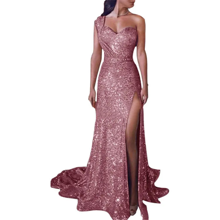 Explosive European and American women's sexy one-shoulder sleeveless gold hot dress slit long dress