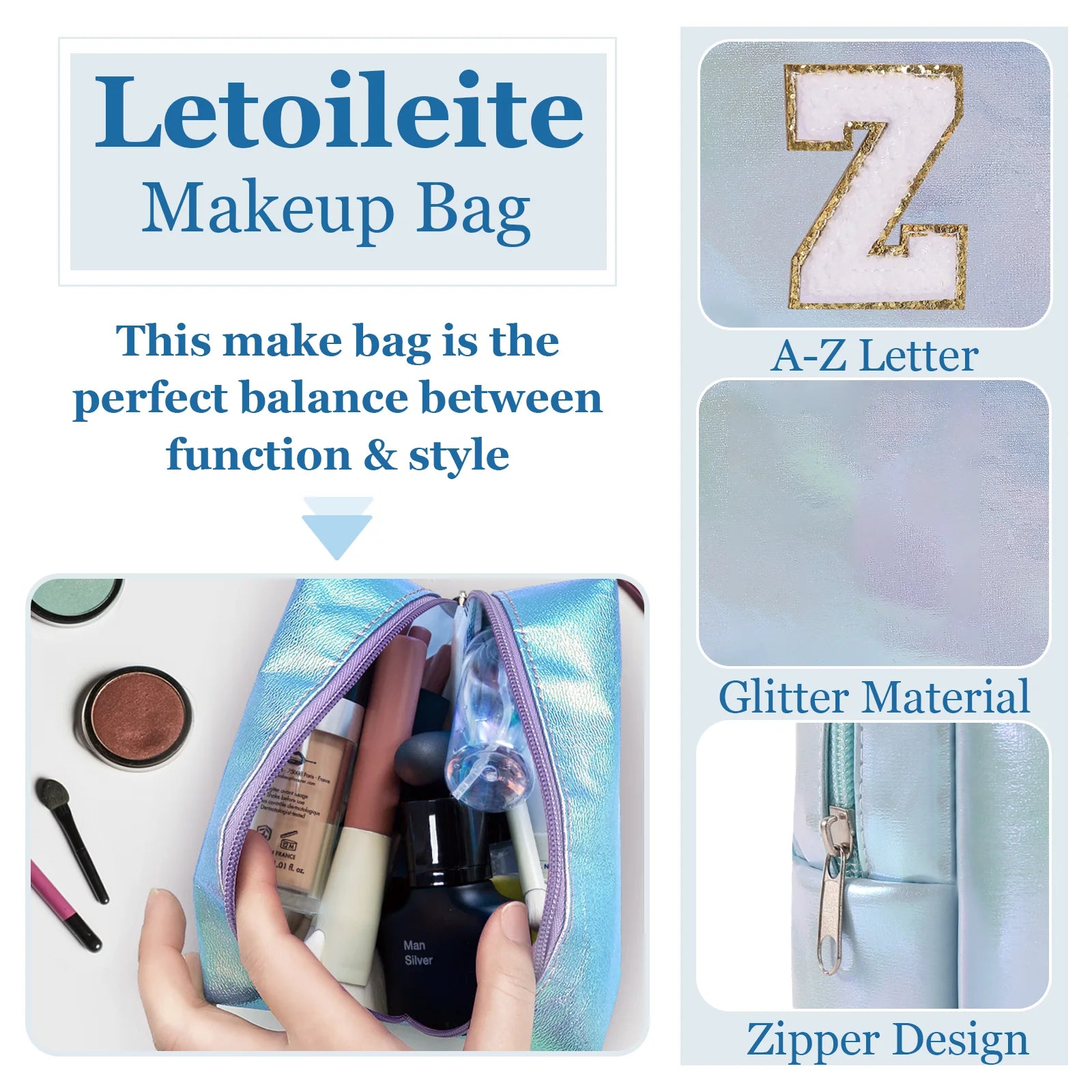 Personalized Initial Makeup Bag,Letter Zipper Cosmetic Bag for Womens,Preppy Makeup Bags,Makeup Pouch, Travel Makeup Bags