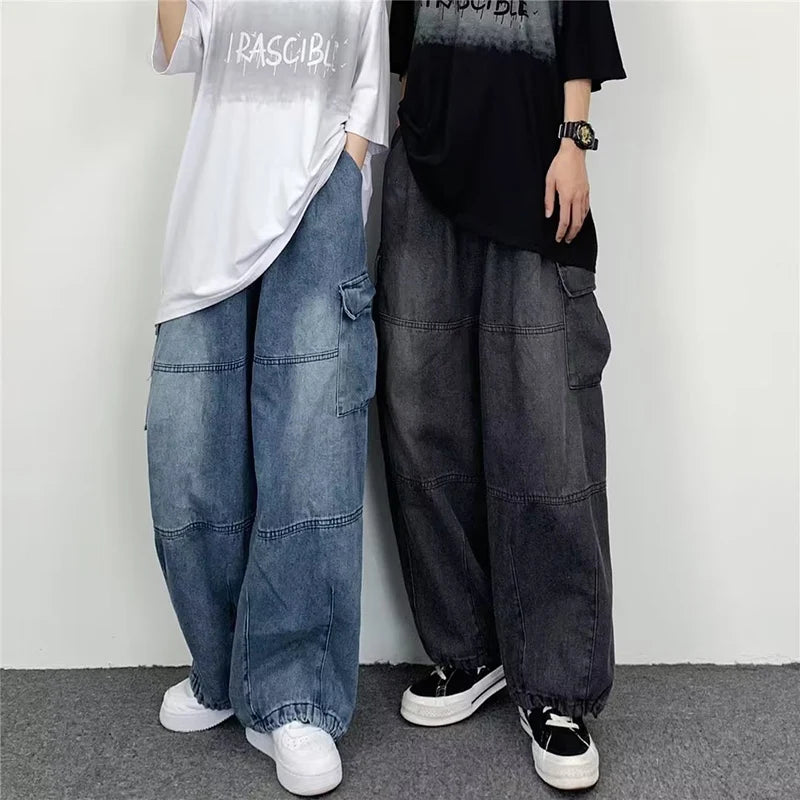 New Men's Wide-leg Jeans Casual Trendy Large Pocket Denim Pants Four Seasons Loose Straight Leg Casual Jeans Versatile Men Women