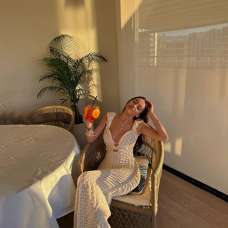 Fringed Open Back Halter Cami Long Dress Women Elegant V Neck Sleeveless Maxi Dress Summer Bodycon Evening Party Clothing