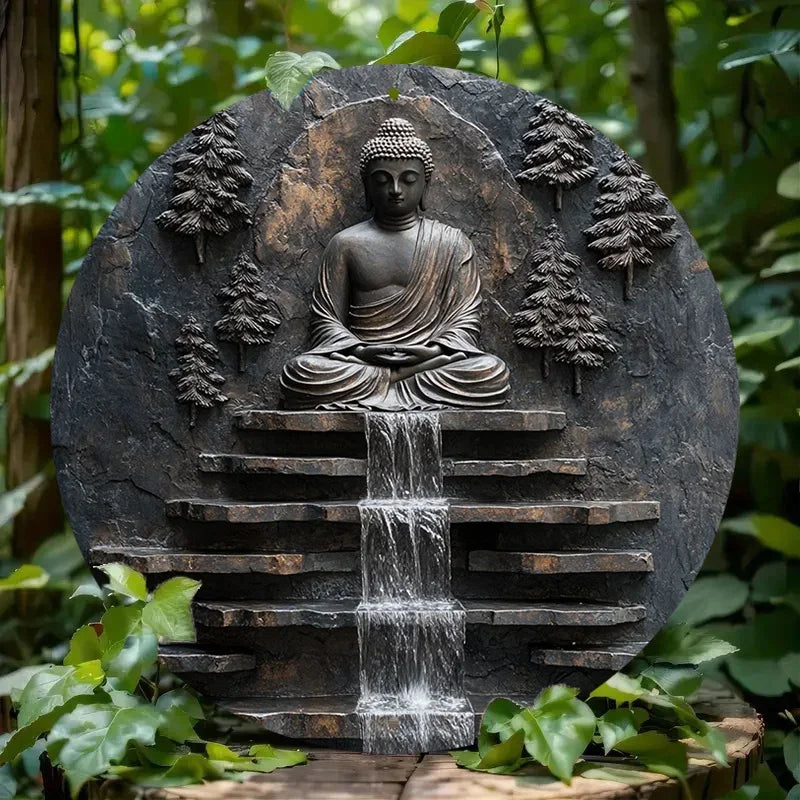 Décoration murale en métal représentant un Bouddha en méditation vintage, avec un moine serein et une cascade. Décoration murale pour jardin