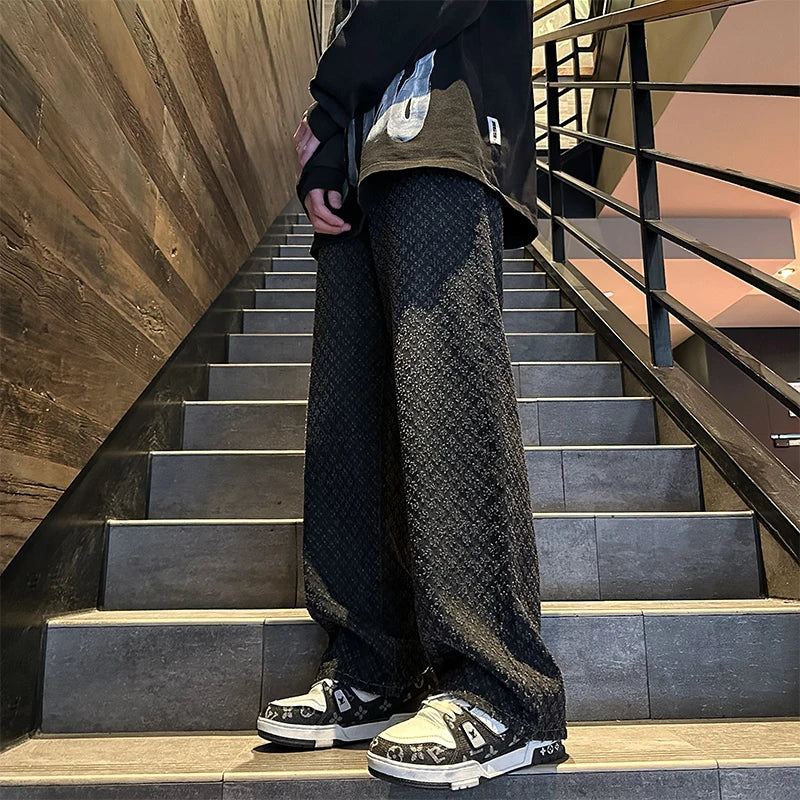2024 Jeans men Fashion hombre Jacquard Pattern Denim Pants Male Straight Fitting Baggy Bottoms Distressed Wide Jeans For Men