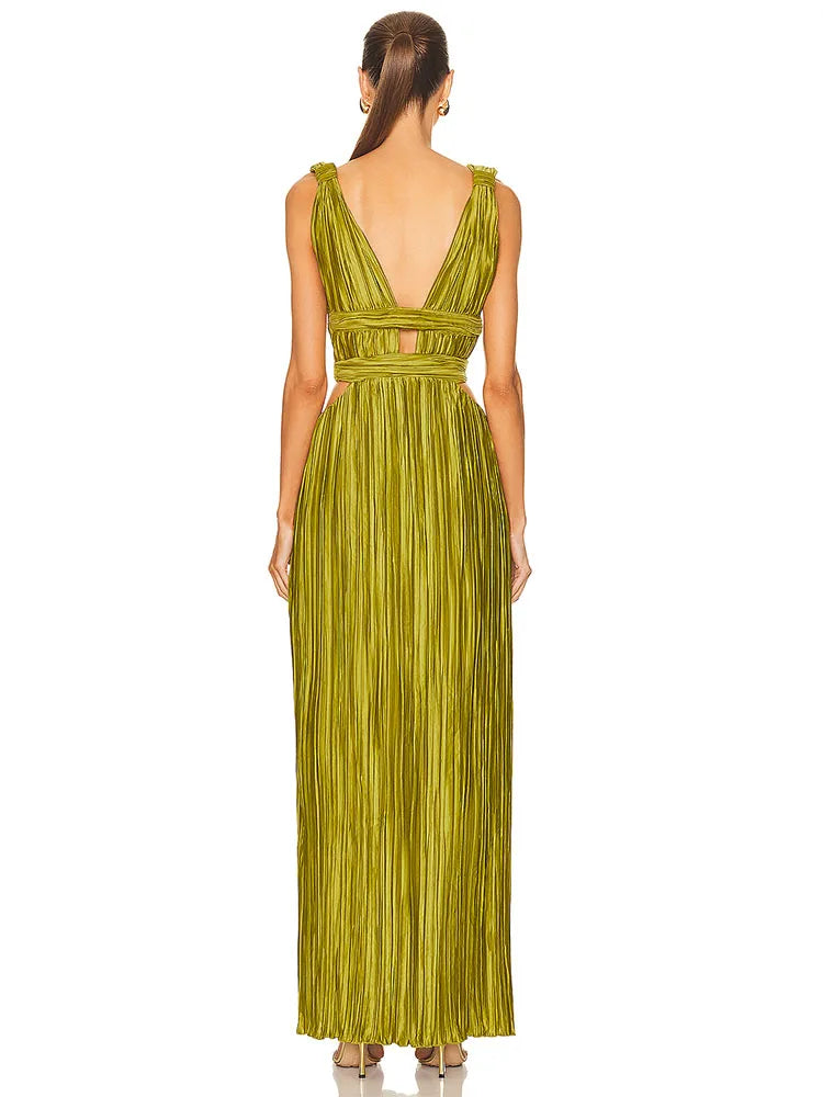 Sexy Sleeveless V Neck Hollow Out Long Dress Women Green Straps Backless High Waist Pleated Split Maxi Dress Party Evening Dres