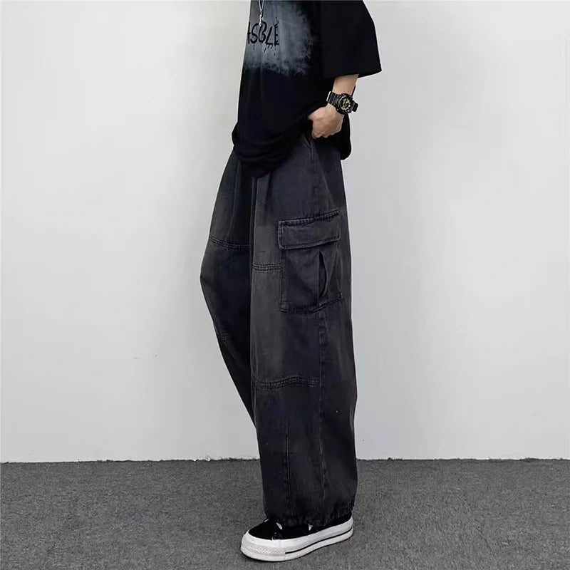 New Men's Wide-leg Jeans Casual Trendy Large Pocket Denim Pants Four Seasons Loose Straight Leg Casual Jeans Versatile Men Women